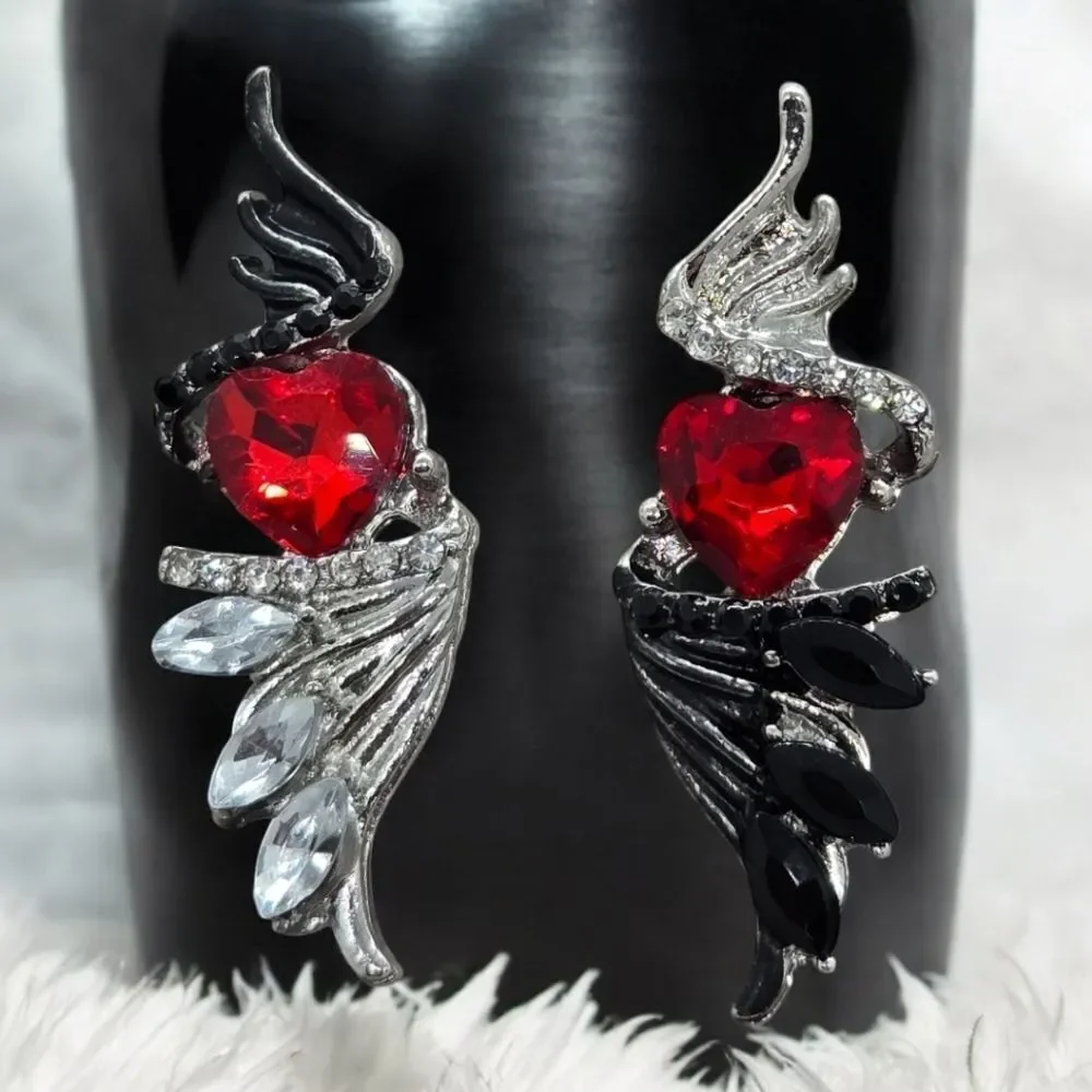 Gothic Winged Red Heart Earrings Silver Angel Wings Edgy Baddie Goth Jewelry NWT
